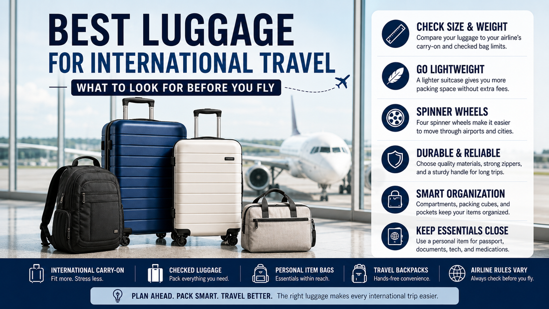 Best luggage for international travel image showing carry-on suitcase, checked luggage, personal item bag, and travel backpack in an airport with tips for size, weight, spinner wheels, organization, and airline rules.