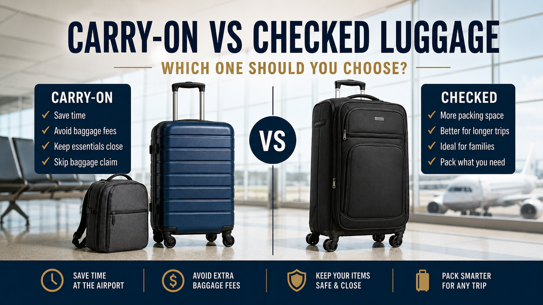 Carry-on vs checked luggage comparison image showing a carry-on suitcase, personal item bag, and checked suitcase in an airport terminal with travel benefits for packing space, baggage fees, and airport convenience.