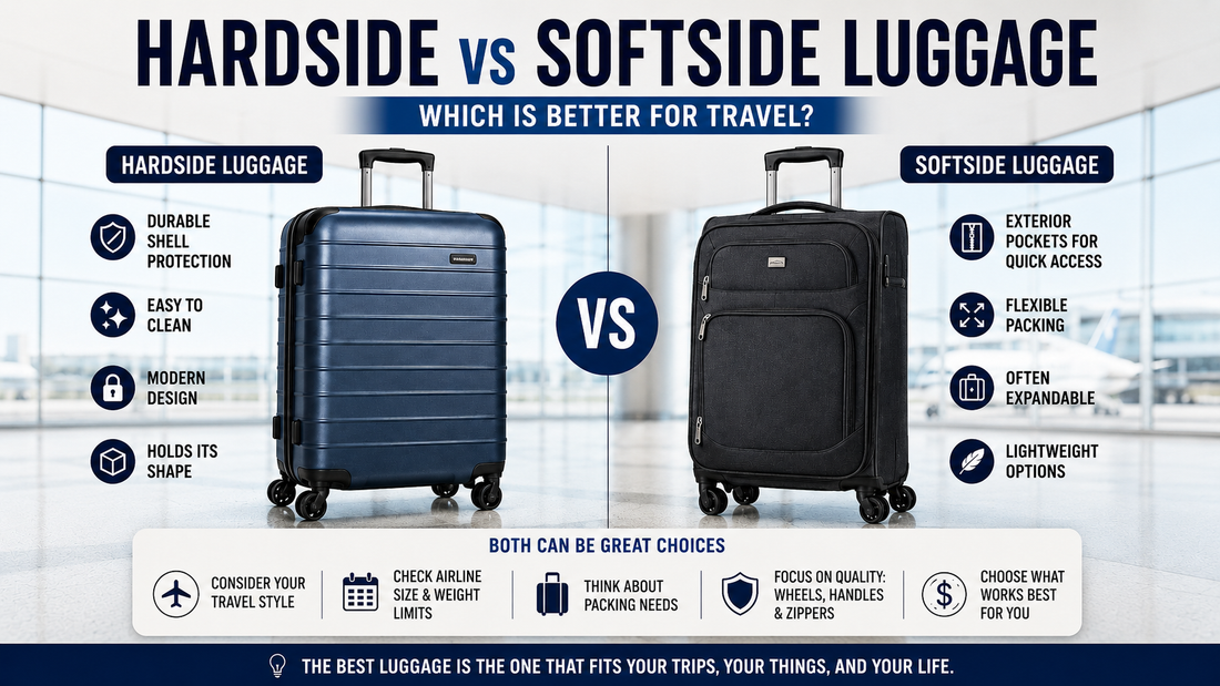Hardside vs softside luggage comparison image showing a hard shell suitcase and softside suitcase in an airport terminal with travel benefits for durability, exterior pockets, flexible packing, and easy cleaning.