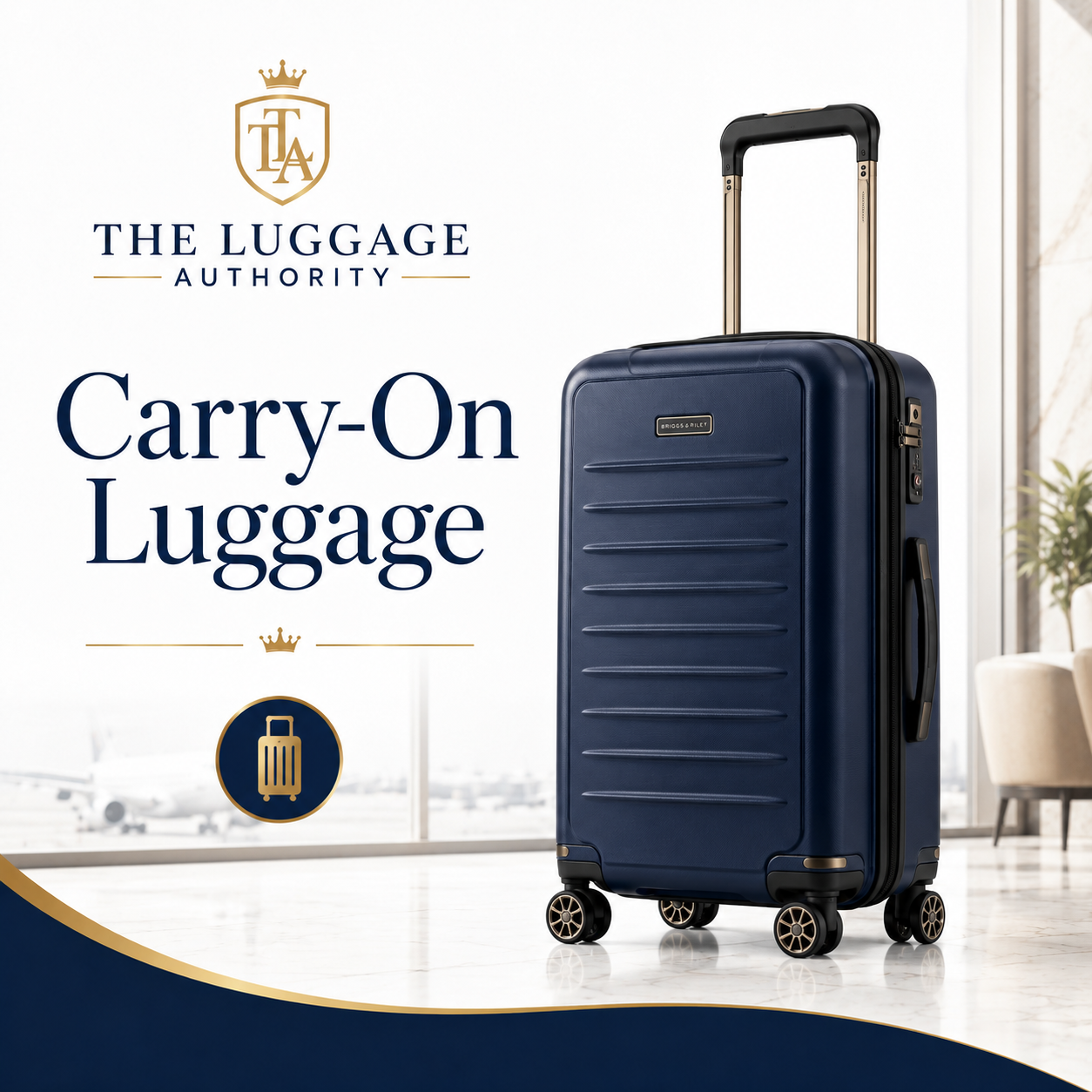 Navy blue hardside carry-on suitcase with spinner wheels and gold telescoping handle at airport - The Luggage Authority