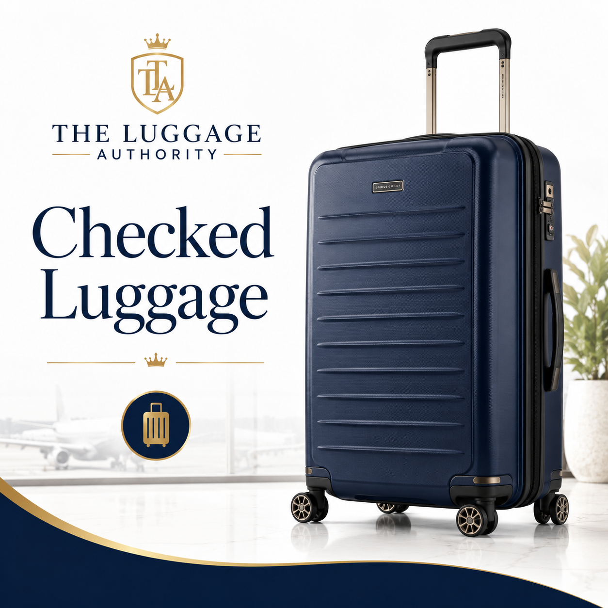 Navy blue hardside checked suitcase with spinner wheels and telescoping handle at airport - The Luggage Authority