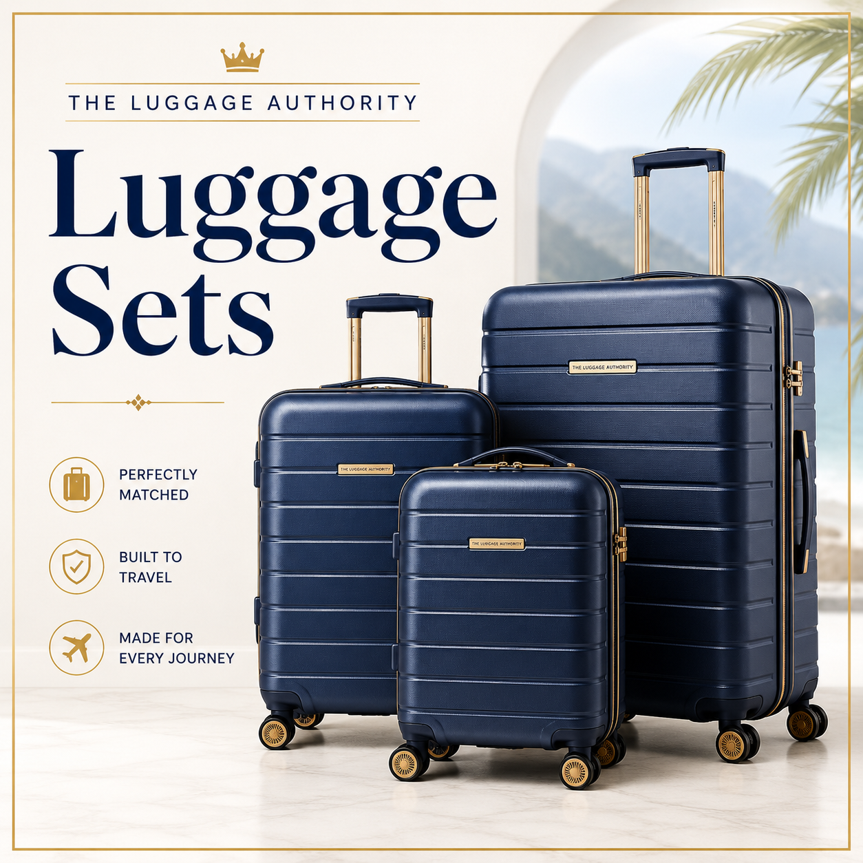 Three-piece navy hardside luggage set with gold spinner wheels and telescoping handles - The Luggage Authority
