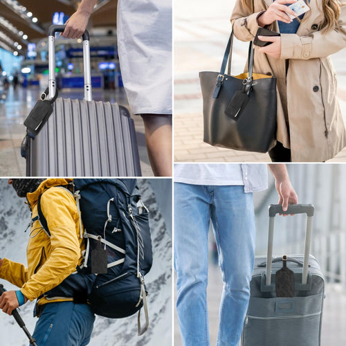 1 Pack Luggage Tag, PU Leather Suitcase Tags Identifiers Privacy Cover ID Label for Travel Bag Suitcase with 2 Pack Luggage Straps for Hats, Bags and Travel Accessories Clip(L - Black)