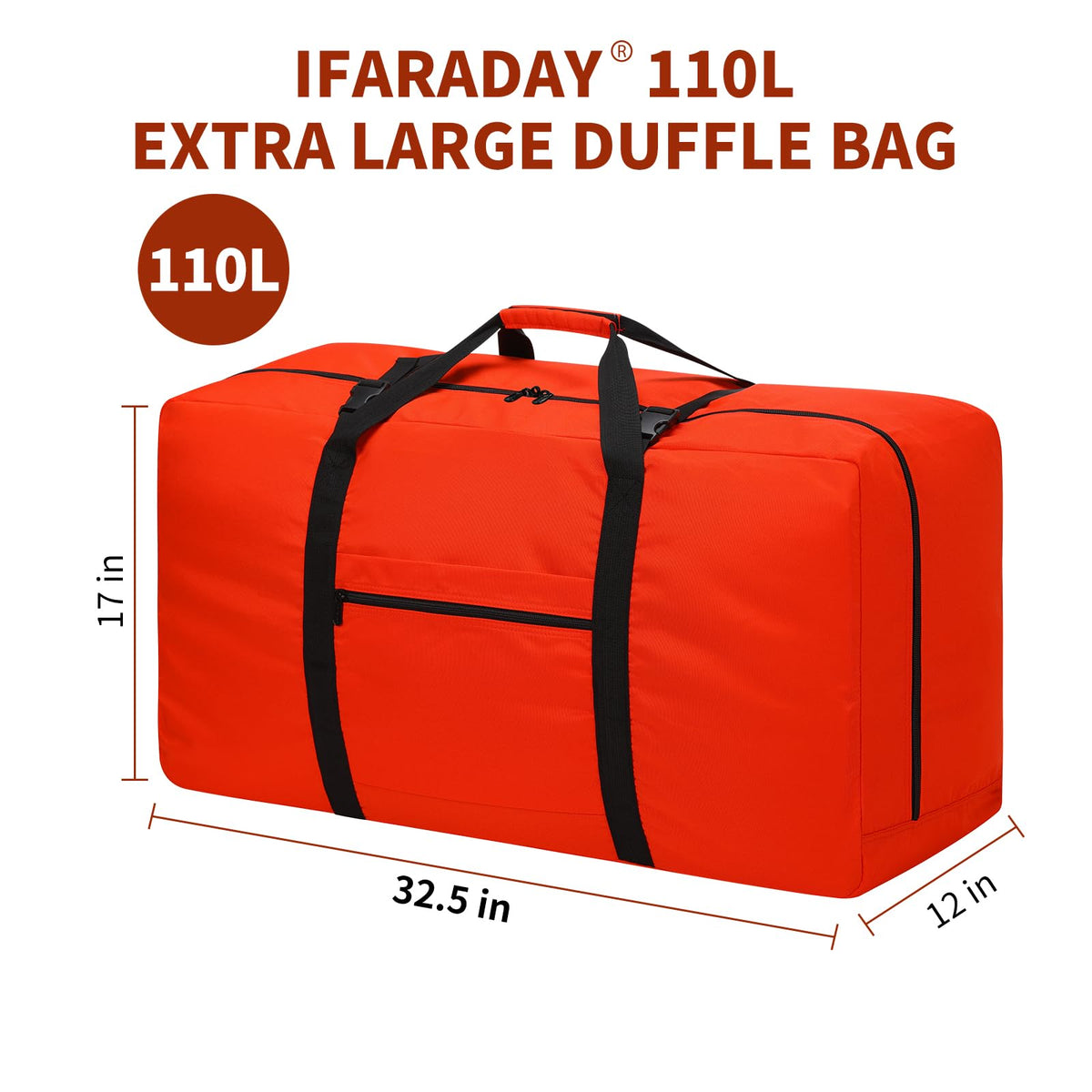 110L Extra Large Duffel Bag 32.5 inch Travel Duffle Bag lightweight Luggage Storage Bag for Outdoor, Camping, Sport - Orange