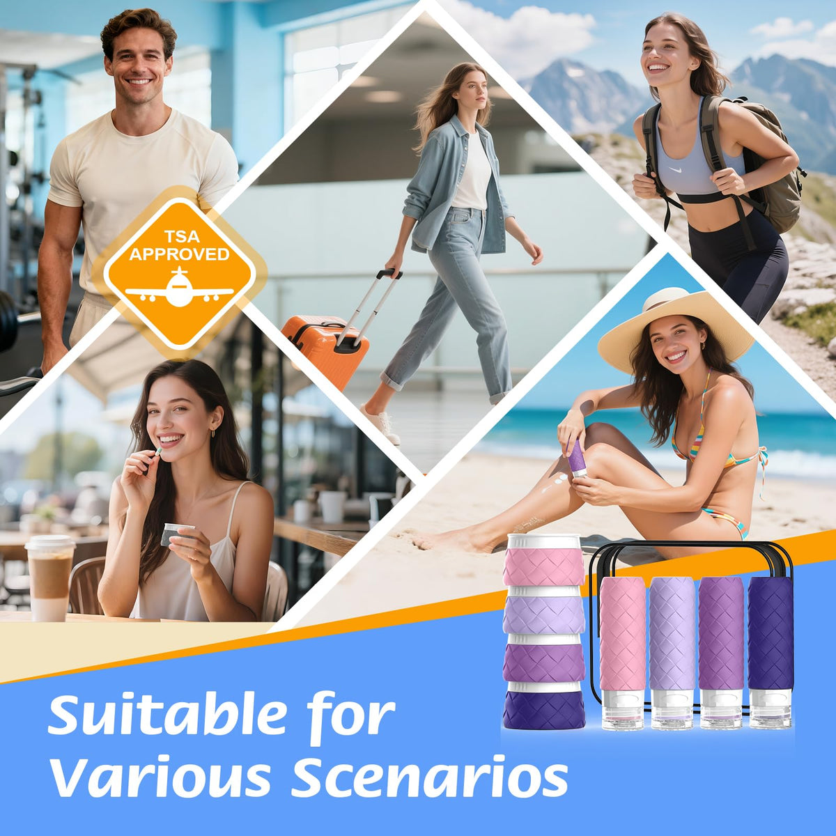 16 Pack Travel Bottles for Toiletries, TSA Approved Travel Size Toiletries Containers Set, BPA - Free Silicone Leak Proof Refillable Bottles Stackable Creams Jars Accessories Kit W/Clear Bag(Purple)
