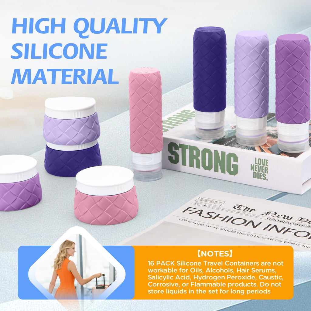 16 Pack Travel Bottles for Toiletries, TSA Approved Travel Size Toiletries Containers Set, BPA - Free Silicone Leak Proof Refillable Bottles Stackable Creams Jars Accessories Kit W/Clear Bag(Purple)