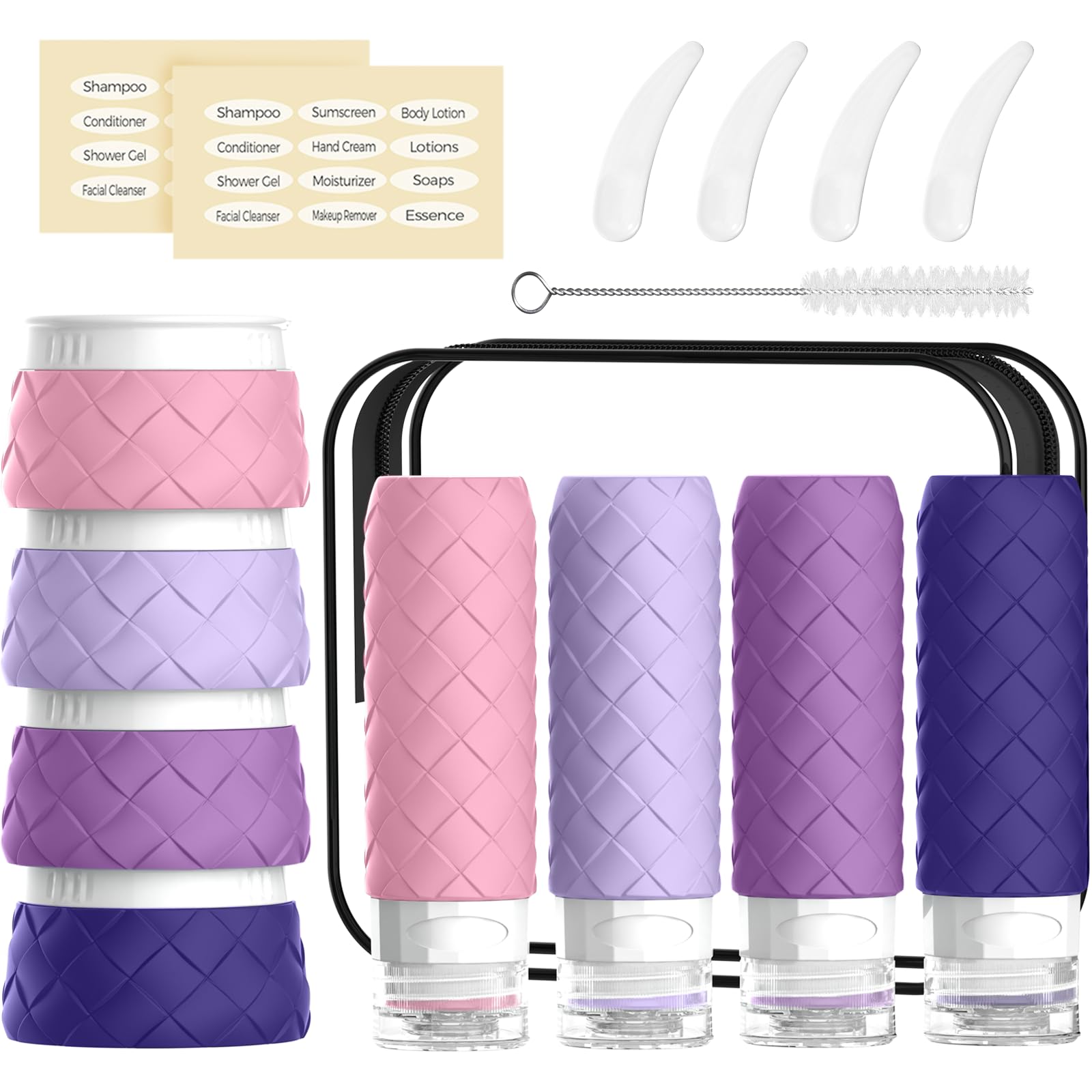 16 Pack Travel Bottles for Toiletries, TSA Approved Travel Size Toiletries Containers Set, BPA-Free Silicone Leak Proof Refillable Bottles Stackable Creams Jars Accessories Kit W/Clear Bag(Purple)