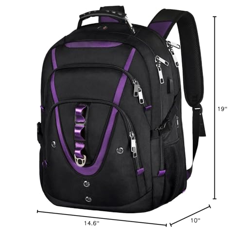 18.4 inch Travel Backpack Men Women, 55 - 60L Extra Large Laptop Backpack RFID Anti Theft TSA Friendly Flight Approved Backpacks, Water Resistant College School Heavy Duty With USB Charging Port, Purple