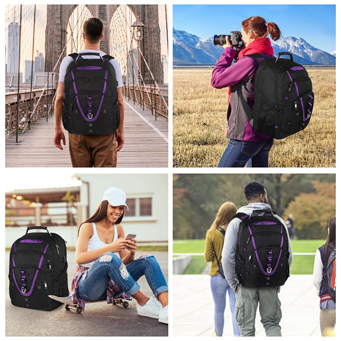 18.4 inch Travel Backpack Men Women, 55 - 60L Extra Large Laptop Backpack RFID Anti Theft TSA Friendly Flight Approved Backpacks, Water Resistant College School Heavy Duty With USB Charging Port, Purple