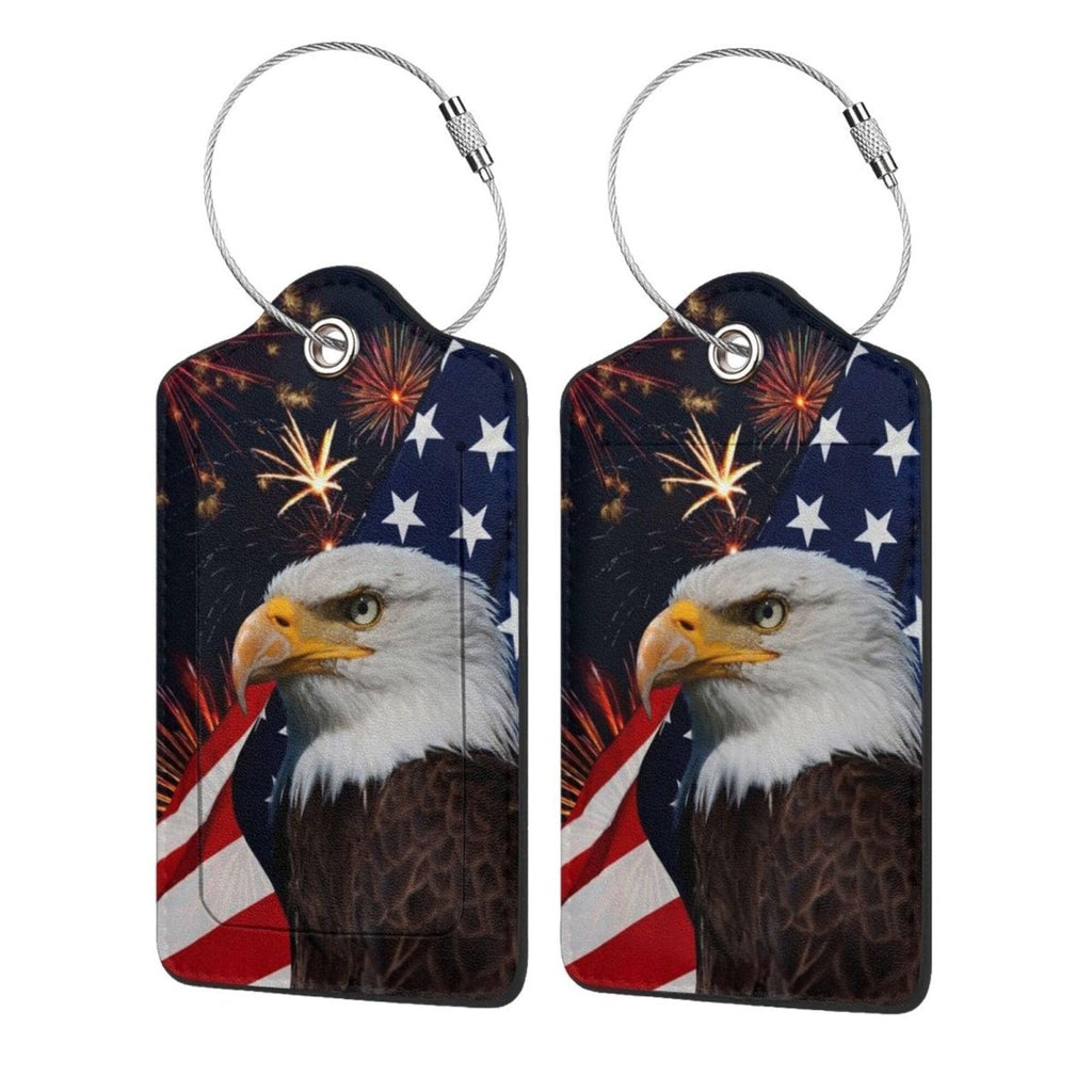 2 Pack Luggage Tags Travel American Flag Eagle PU Cute Leather Luggage Tag Name ID Labels with Privacy Cover Suitcases Women Men Girls Boys Fun Laggage Tags (American Eagle Flag)