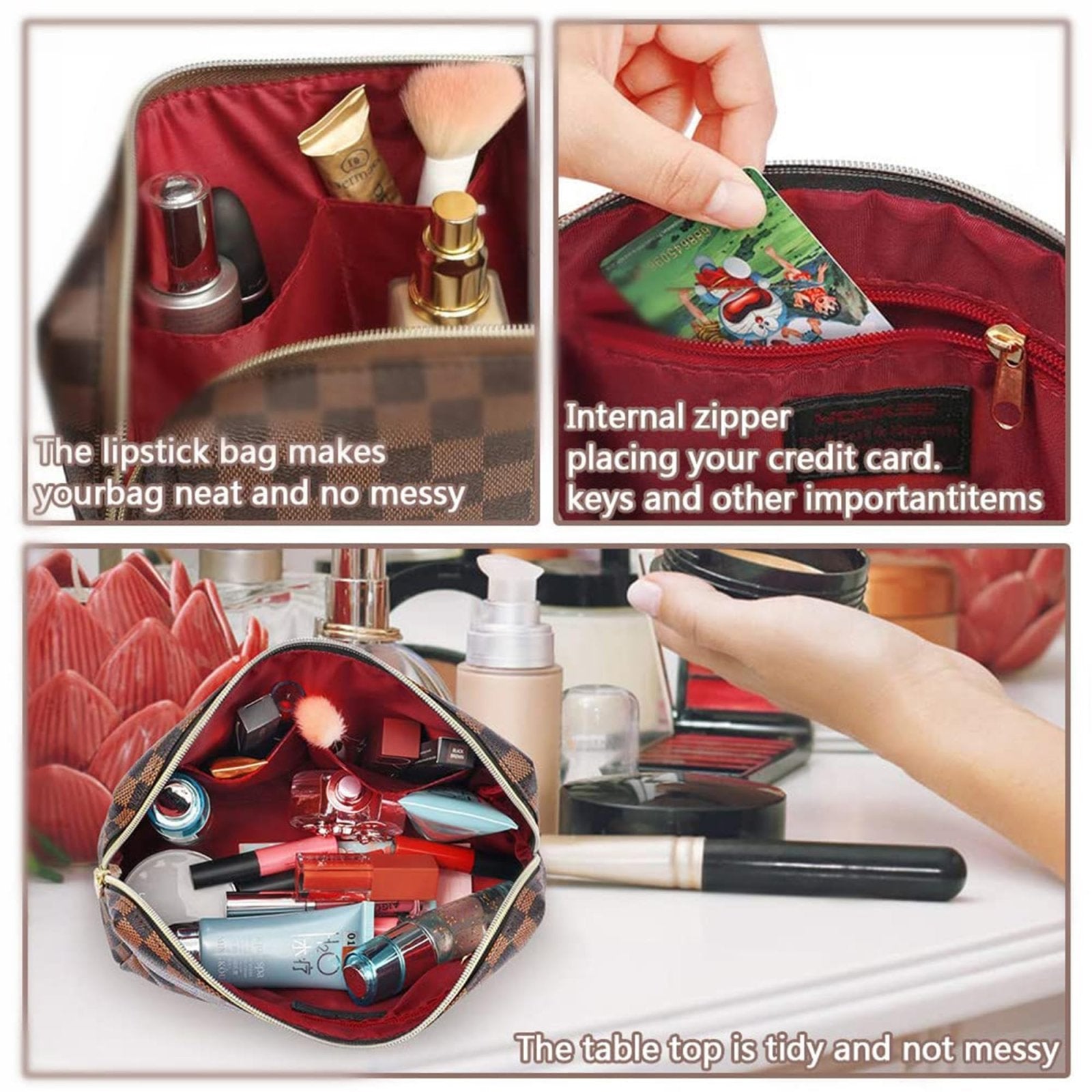 2 Pack Makeup Bag Set for Women, Large Brown Leather Cosmetic Bag + Small Zipper Pouch, Water - Resistant Travel Toiletry Organizer with Smooth Metal Zipper, Stylish Storage for Daily Use & Gift