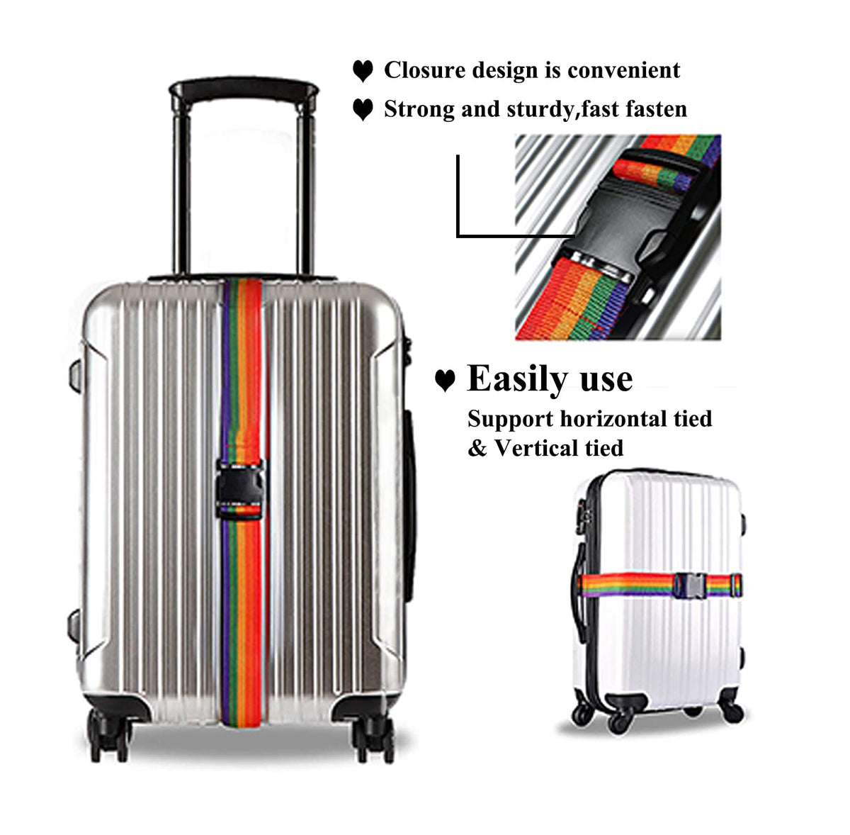 2 Pack Suitcase Belts, Adjustable Luggage Straps, Bright Colors Travel Packing Straps with Quick Release Buckle (Rainbow)