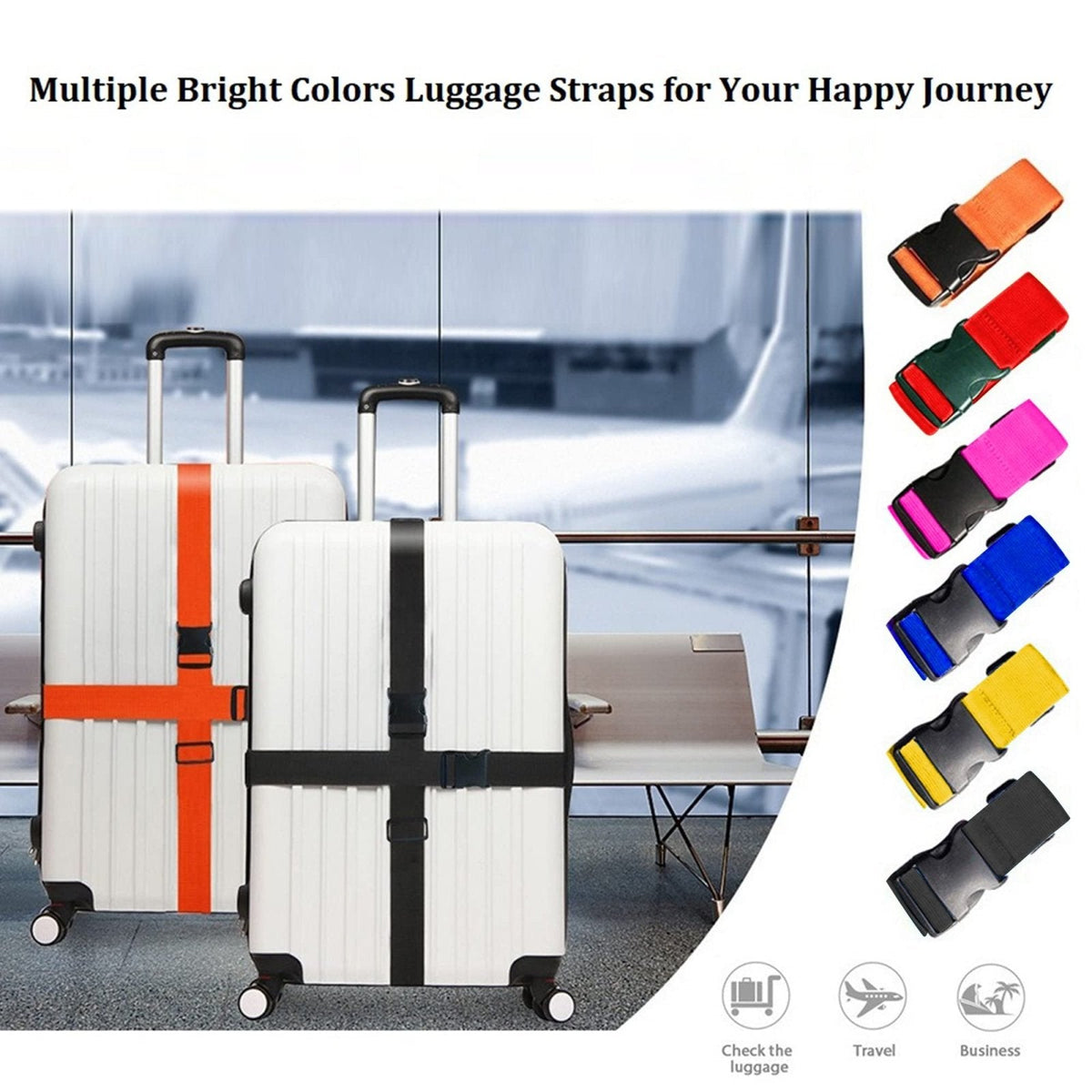 2 Pack Suitcase Straps, Bright Color Adjustable Luggage Belts, TSA Approved (Black)
