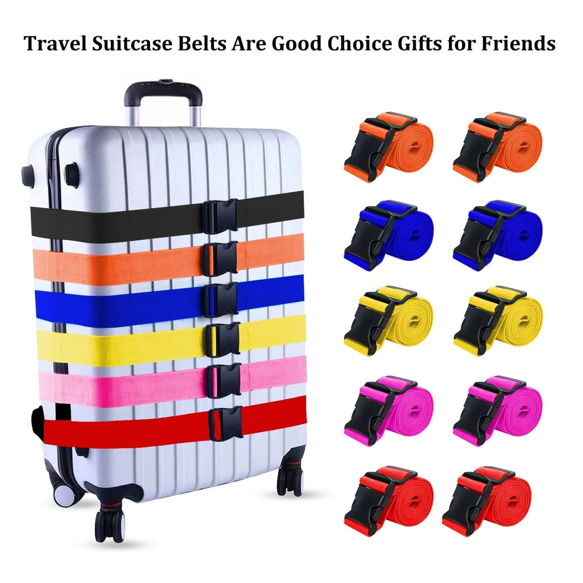 2 Pack Suitcase Straps, Bright Color Adjustable Luggage Belts, TSA Approved (Black)