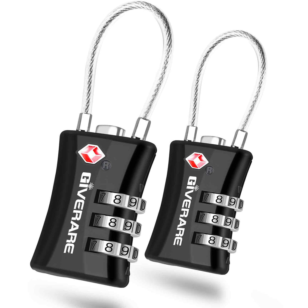 2 Pack TSA Approved Luggage Locks, Cable Suitcase Travel Lock Alloy, Set Your Own Combination Metal Zipper Padlock, 3-Digit Long Shackle Padlocks for Gym Locker, Golf Bag, Case Anti Theft-Black