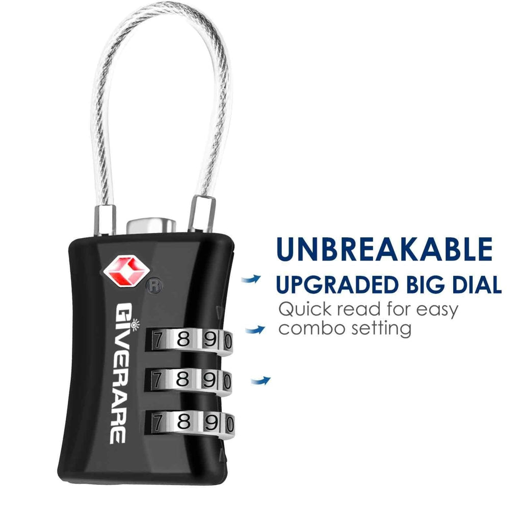2 Pack TSA Approved Luggage Locks, Cable Suitcase Travel Lock Alloy, Set Your Own Combination Metal Zipper Padlock, 3 - Digit Long Shackle Padlocks for Gym Locker, Golf Bag, Case Anti Theft - Black