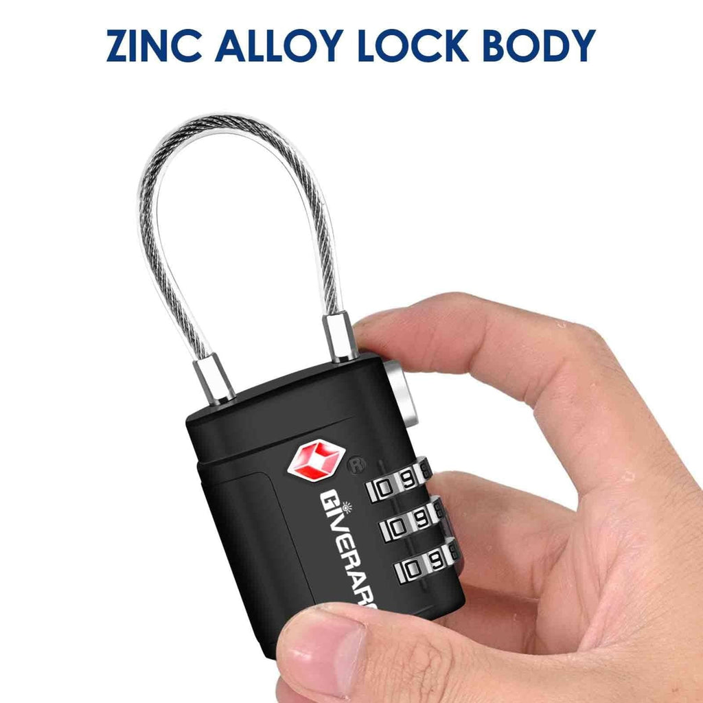 2 Pack TSA Approved Luggage Locks, Cable Travel Lock Alloy, Set Your Own Combination Metal Suitcase Zipper Padlock, 3 - Digit Long Shackle Padlocks for Gym Locker, Golf Bag, Case Anti Theft - Black