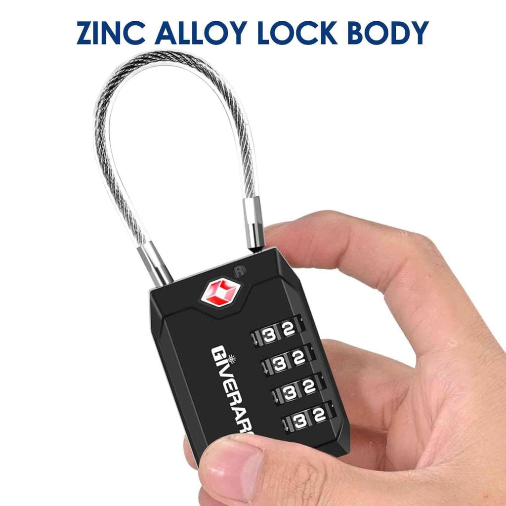 2 Pack TSA Approved Travel Luggage Locks, 4 - Digit Cable Combination Suitcase Lock, Metal Alloy Padlocks, Weatherproof Padlock for Locker, Bag, Gun Case, Backpack, Anti Theft, Easy Read Dials - Black