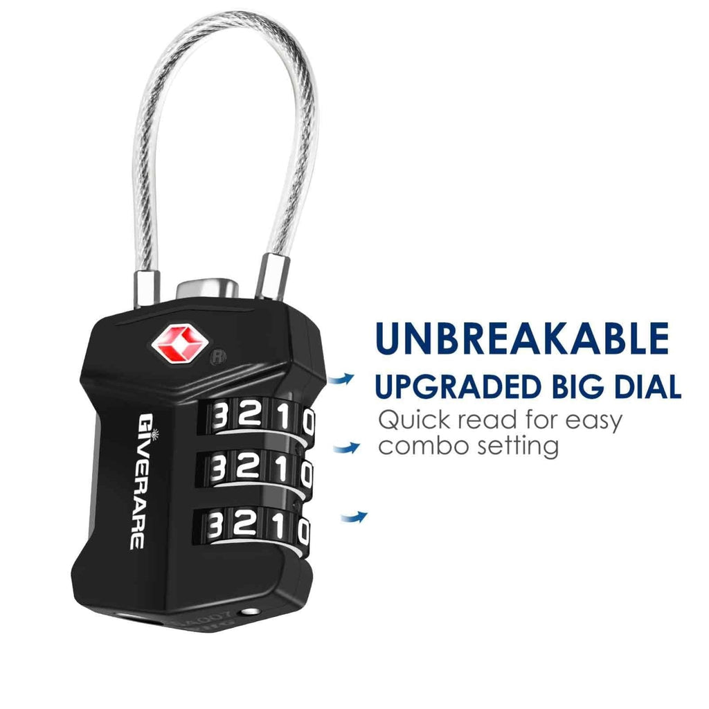 2 Pack TSA Approved Travel Luggage Locks, Cable Combination Lock Alloy, Metal Keyless 3 - Digit Padlocks, Weatherproof TSA Accepted Padlock for Gym Locker, Golf Bag Case, Backpack, Black - by GIVERARE