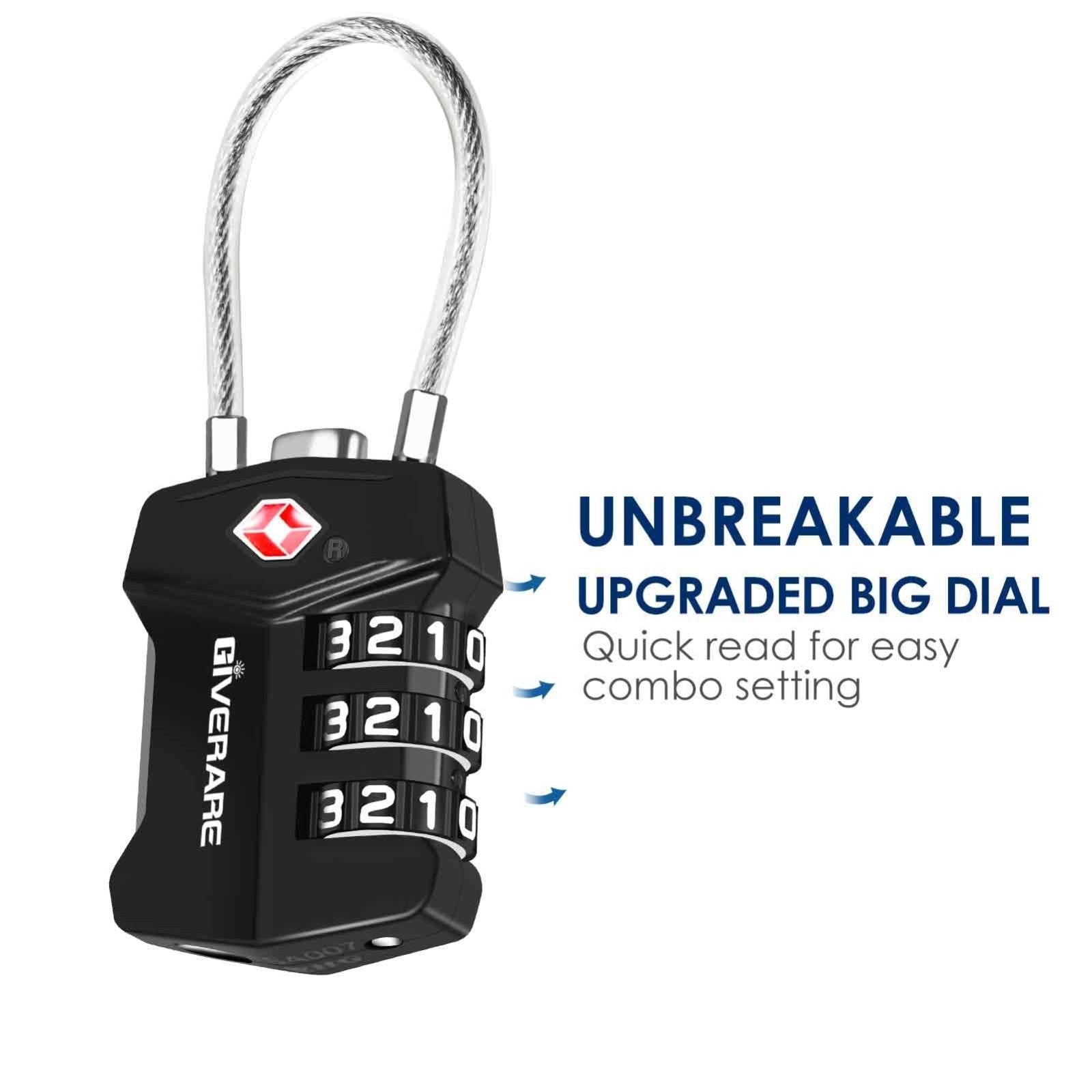 2 Pack TSA Approved Travel Luggage Locks, Cable Combination Lock Alloy, Metal Keyless 3 - Digit Padlocks, Weatherproof TSA Accepted Padlock for Gym Locker, Golf Bag Case, Backpack, Black - by GIVERARE