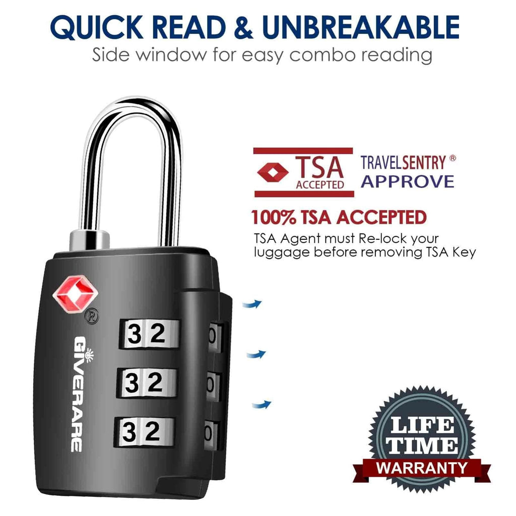 2 Pack TSA Approved Travel Luggage Locks, Combination Lock Alloy Body, Keyless 3 - Digit Padlocks, Travel Sentry Accepted Compatible Padlock for Gym Locker, Golf Bag Case, Backpack, Black - by GIVERARE