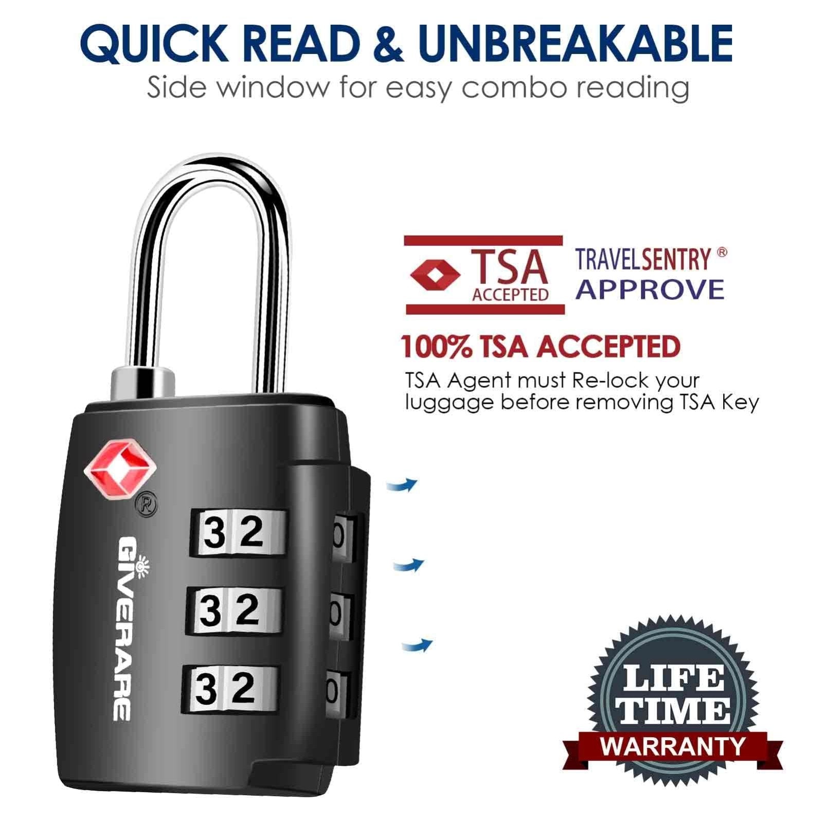 2 Pack TSA Approved Travel Luggage Locks, Combination Lock Alloy Body, Keyless 3 - Digit Padlocks, Travel Sentry Accepted Compatible Padlock for Gym Locker, Golf Bag Case, Backpack, Black - by GIVERARE