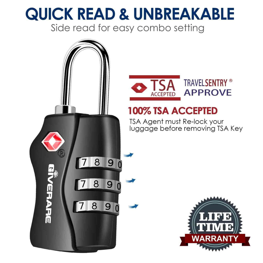 2 Pack TSA Approved Travel Luggage Locks, Combination Lock Keyless, 3 - Digit Padlocks, Travel Sentry Accepted Compatible Padlock for Gym Locker, Golf Bag Case, Backpack, Black - by GIVERARE