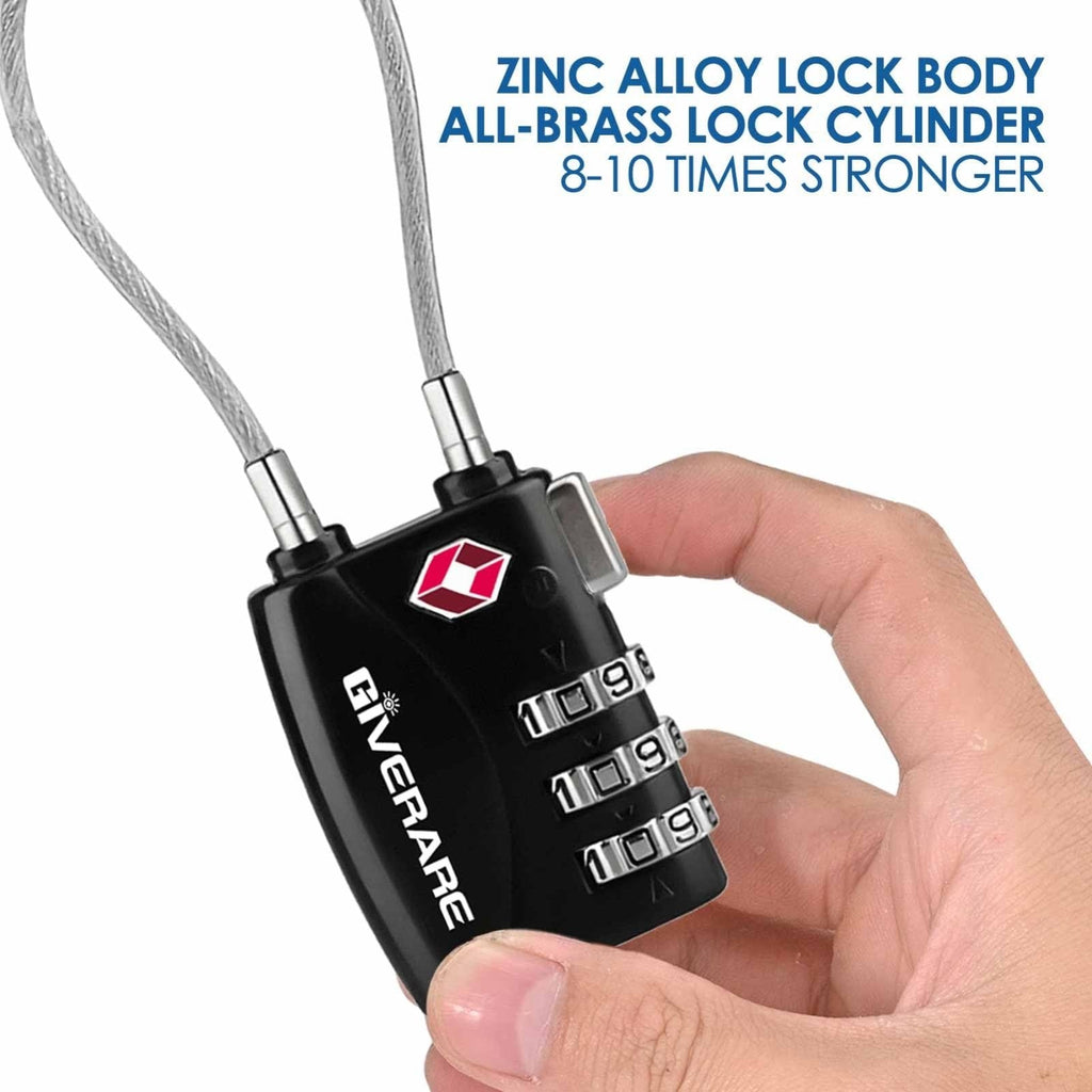 2 Pack TSA Approved Travel Luggage Locks, Long Cable Combination Lock Alloy, Metal Keyless 3 - Digit Padlocks, Weatherproof TSA Accepted Padlock for Toolbox Gym Locker Golf Bag Case Backpack - Black