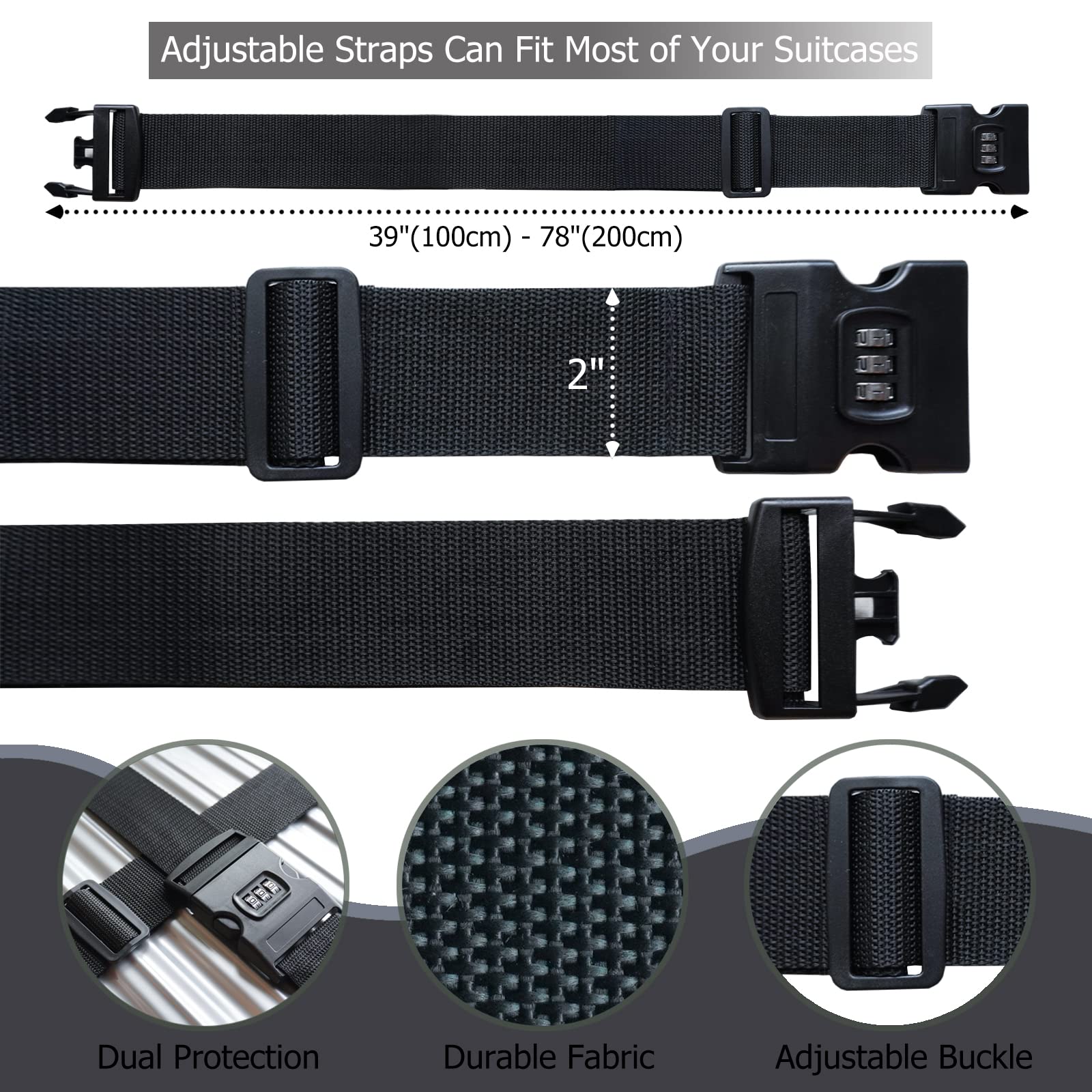2 PCS Luggage Strap 78" x 2" Suitcase Belts Wide Adjustable Packing Straps Travel Accessories, Black&Combination Lock