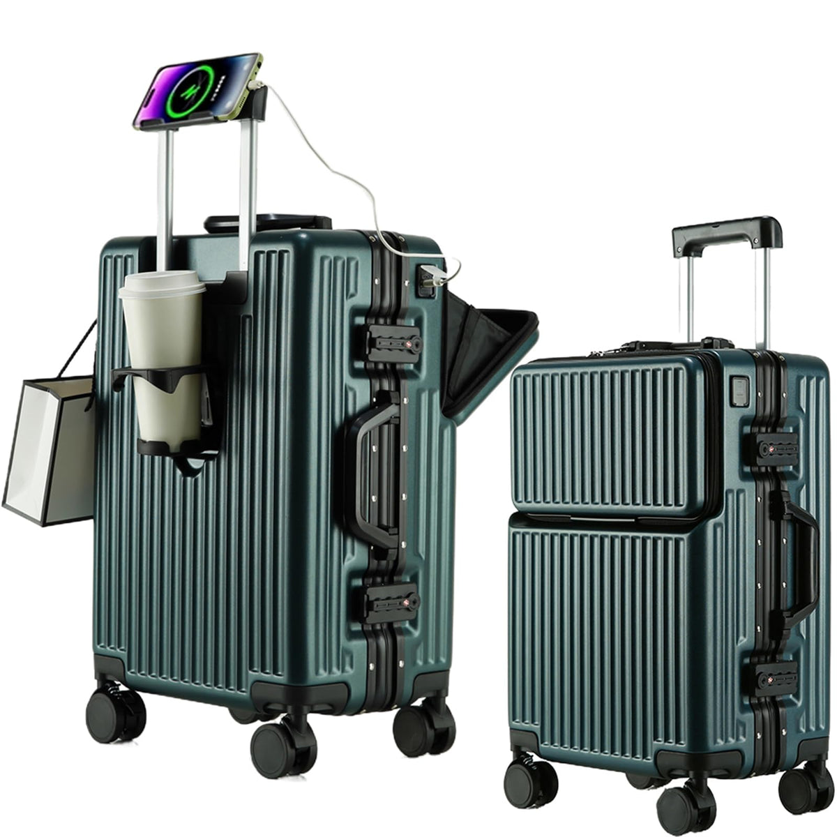 2-Piece Hardshell Zipperless Luggage Set, 20/26" Aluminum Frame Hardshell Spinner Luggage, Airline Approved Carry-On Luggage, TSA Lock, 360° Quiet Wheels With Cup Holder (green)