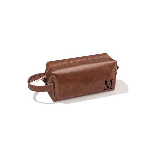 JSENGIFT Mens Toiletry Travel Bag Initial M, Personalized Leather Toiletry Bag for Men, Anniversary Christmas Valentines Fathers Day Birthday Gifts for Husband Dad Grandpa Brother