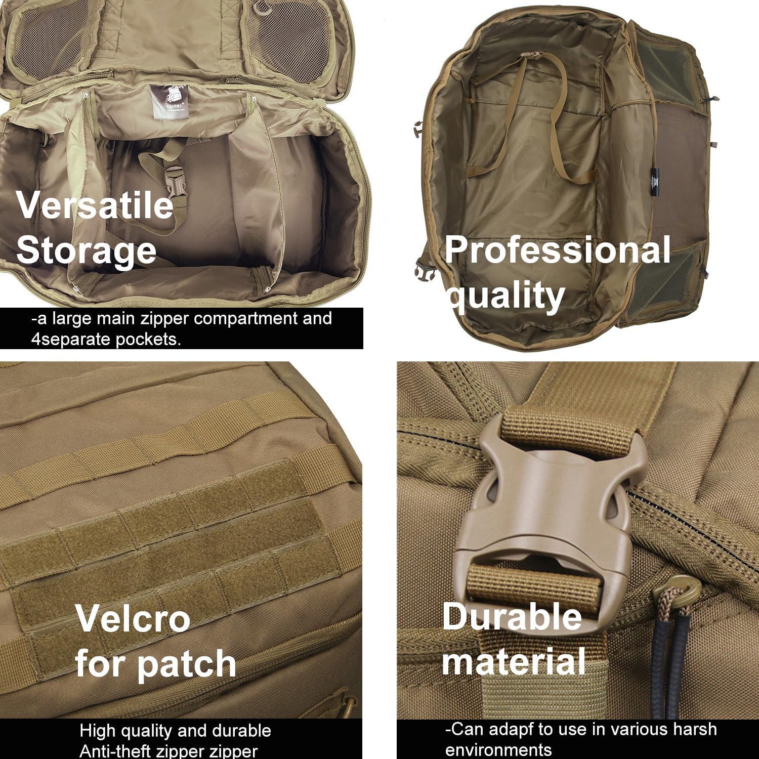 3 In 1 Tactical 30L Military Backpack Travel Duffle Bag for Weekender Gym Workout Deployment