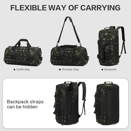 3-in-1 Tactical Gym & Travel Duffle Bag Backpack Men Multi-Functional 45L Military Sports Duffle Bag with Shoe Compartment & Wet Pocket for Workout Weekender Overnight Bag with Molle Webbing, Camo