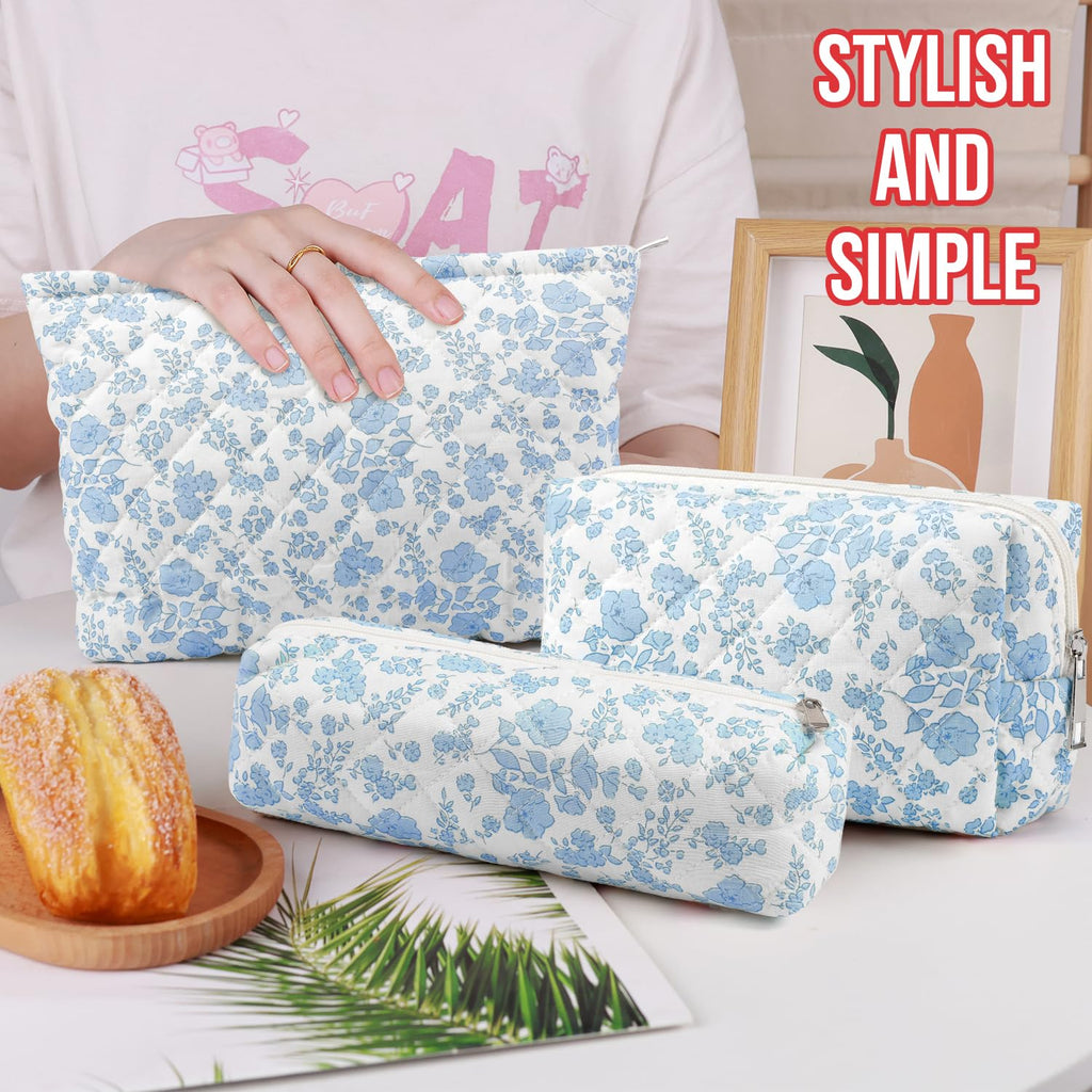 3 Pcs Makeup Bag Cosmetic Bag Set for Girls Women Checkered Travel Organizer Bathroom Toiletry Pouch Large Capacity Storage Bag(Blue Flower)