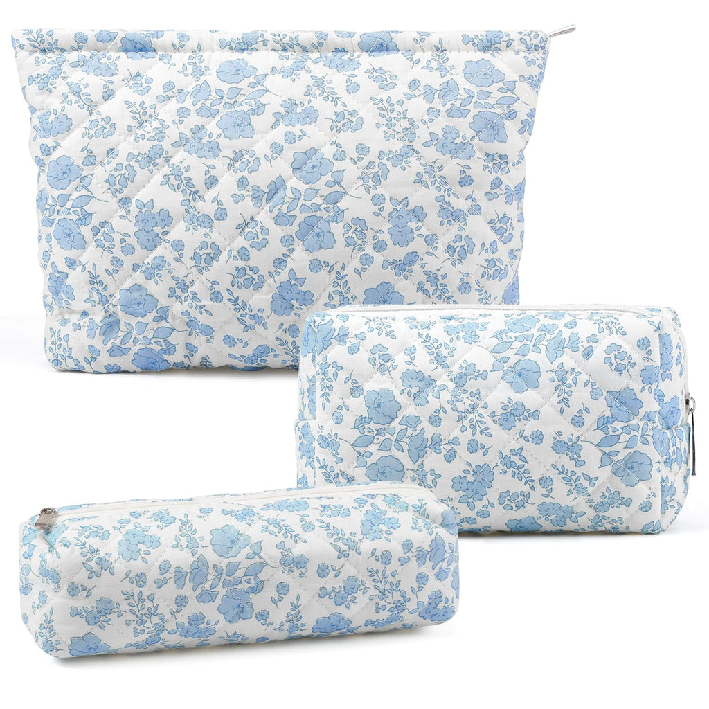 3 Pcs Makeup Bag Cosmetic Bag Set for Girls Women Checkered Travel Organizer Bathroom Toiletry Pouch Large Capacity Storage Bag(Blue Flower)