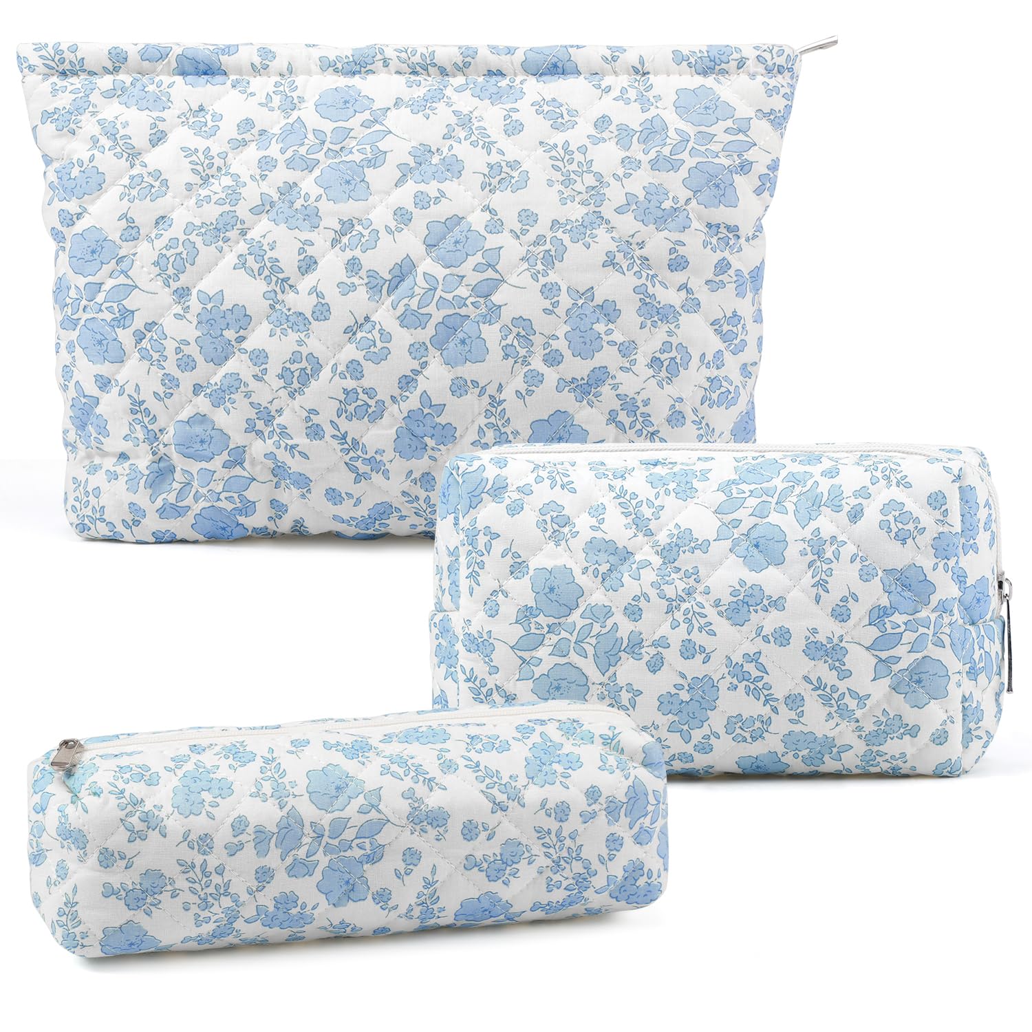 3 Pcs Makeup Bag Cosmetic Bag Set for Girls Women Checkered Travel Organizer Bathroom Toiletry Pouch Large Capacity Storage Bag(Blue Flower)