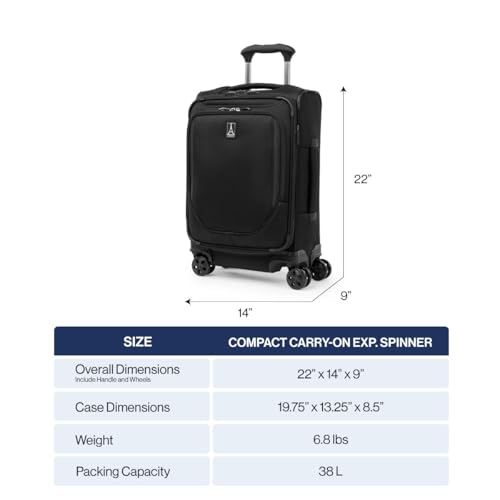 Travelpro Crew Classic Lightweight Softside Expandable Carry on Luggage, 8 Wheel Spinner Suitcase, Men and Women, Compact Carry On 20-Inch, Black