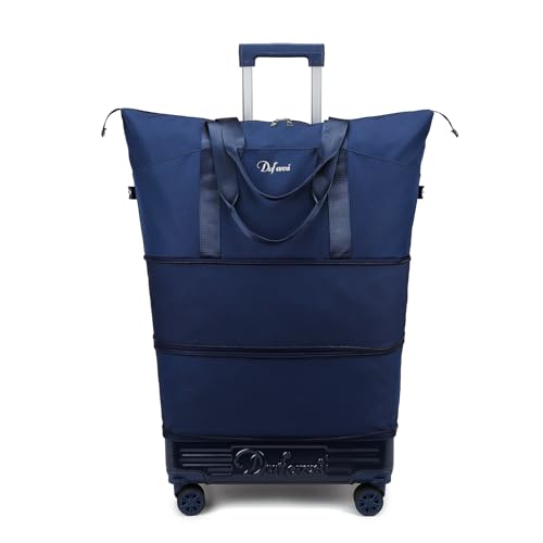 Dufanxi Expandable Rolling Travel Bag with Removable Wheels & Handle, Large Capacity Wheeled Duffle Tote, Foldable Carry On Luggage for Women, Lightweight Weekender Overnight Bag (DarkBlue)