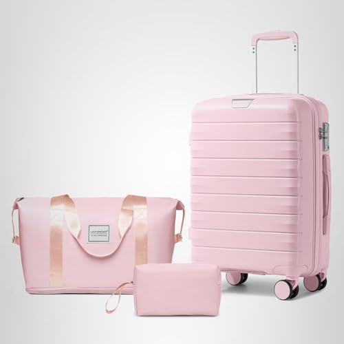 LARVENDER Luggage Sets 3 Piece with Duffel Bag Hardside PP Carry On Suitcase with 360° Spinner Wheels TSA Lock Luggage Sets for Women, Orchid Pink