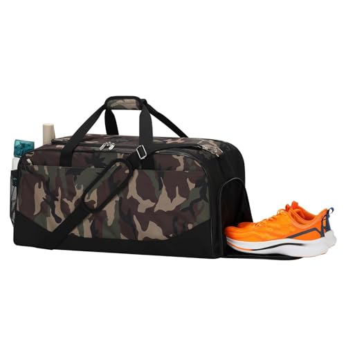 iFARADAY 47L Mens Duffel Bag for Travel with Shoe Compartment, Large Gym Bag for Men with Luggage Sleeve, Weekender Overnight Bag (Camouflage)