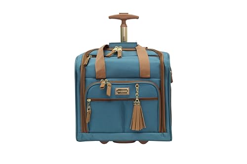 Steve Madden Designer 15 Inch Carry on Suitcase- Small Weekender Overnight Business Travel Luggage- Lightweight 2- Rolling Spinner Wheels Under Seat Bag for Women (Harlo Teal Blue)