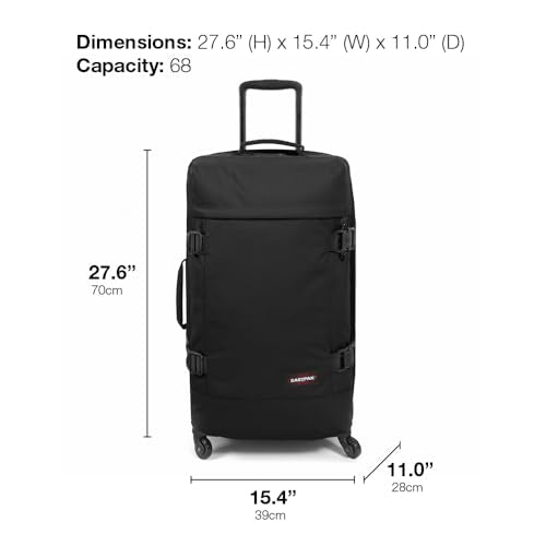 EASTPAK TRANS4 M – 68L Medium Checked Luggage Bag, Two Compartments, TSA Lock, 360° Spinner Wheels, and Telescopic Handle, Black
