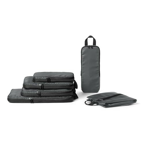 Amazon Essentials 6-Pack Ultralight Compression Packing Cubes, rPET Construction, Space-Saving Organizer with Zippers, Grey