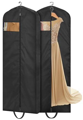 MISSLO 65" Long Garment Bags for Travel Dress Bags for Hanging Clothes 2 Packs Wedding Dress Cover Waterproof Clothes Protector for Closet Storage for Gowns, Tuxedos, Coats, Black