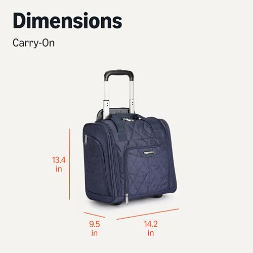 Amazon Basics Underseat Carry-On Luggage with Wheels, 14" Rolling Travel Bag, Fits Under the Seat with Multiple Pockets and Compartments, Navy Quilted