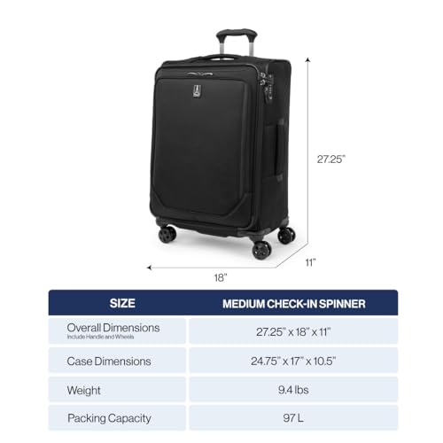 Travelpro Crew Classic Lightweight Softside Expandable Checked Luggage, 8 Wheel Spinner Suitcase, TSA Lock, Men and Women, Checked Medium 25-Inch, Black