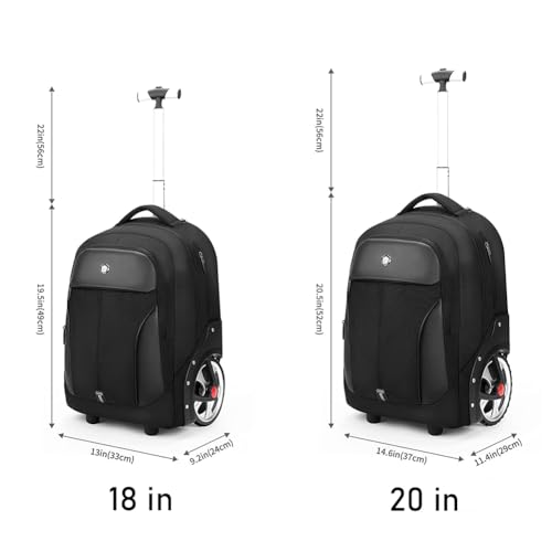 WMHYLYH Rolling Backpack with Wheels, Waterproof Backpack with Large Wheels for Business and Travel Commuter, Carry on Backpack with Laptop Compartment for Women and Men Adult (Black, 20inch)