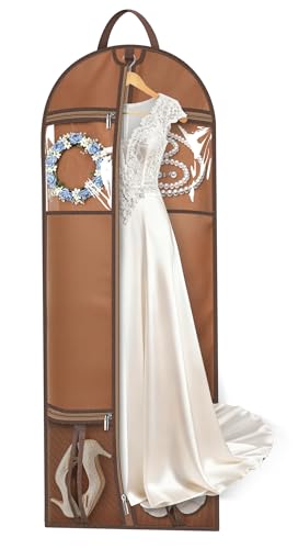 MISSLO 60" Dress Bags for Gowns Long with 4 Large Pockets Garment Bags for Travel for Women Heavy Duty Wedding Dress Bag for Hanging Clothes Garment Covers, Beige