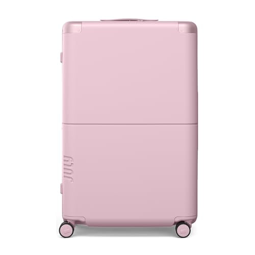 July Checked Plus Expandable - 28.75" Airline Approved Check In Luggage with Wheels, Rolling Suitcase for Men & Women - TSA Lock, Silent Spinner Wheels, Expansion Zip, Y-Strap - Blush Pink