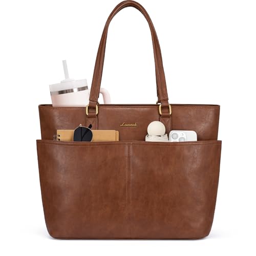LOVEVOOK Work Tote Bags for Women, Vintage Leather 15.6 Inch Laptop Bag with Large Cup Holder, Teacher Nurse Medical Professional Computer Bag, Office Briefcase Handbag Gift